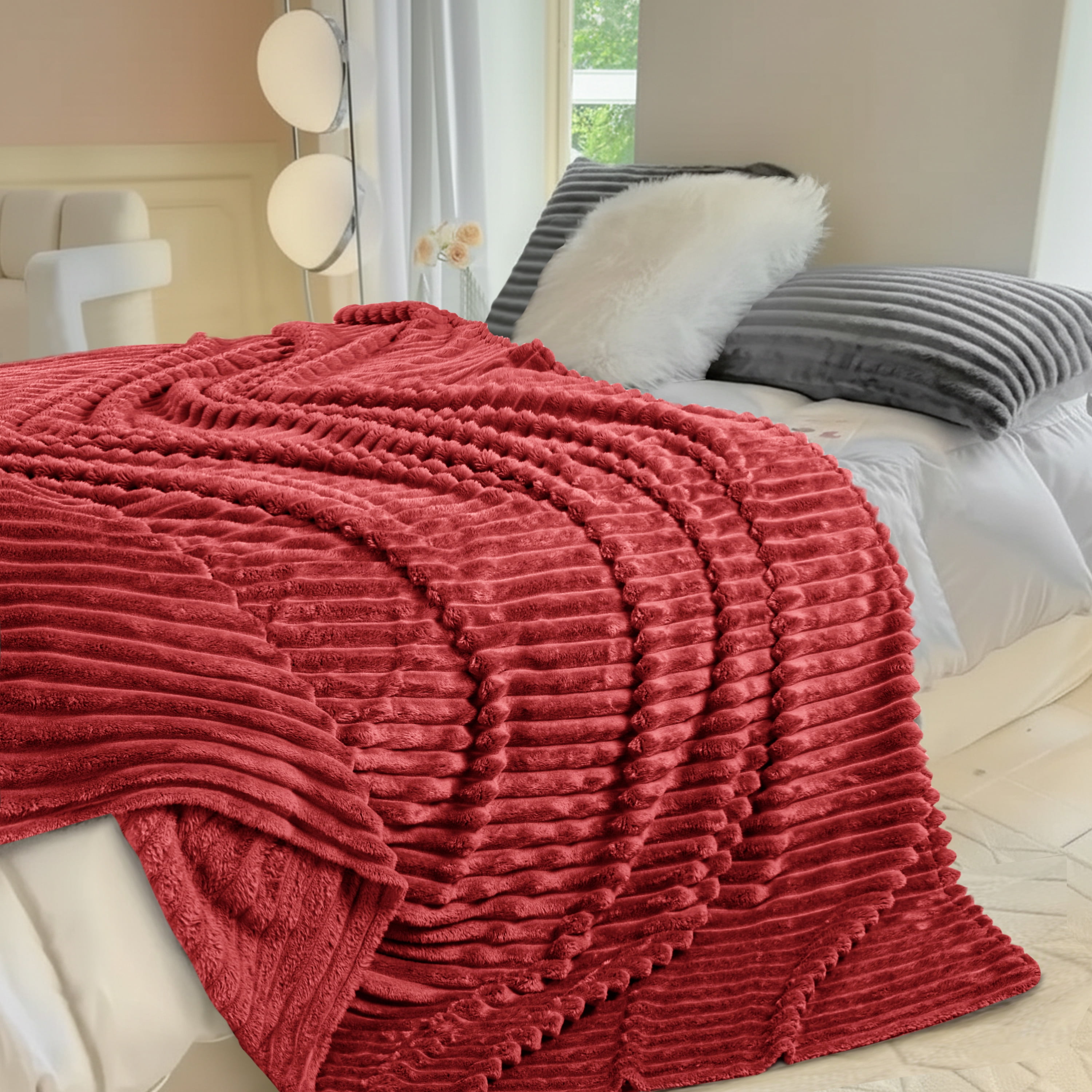 Fleece Blanket Queen Size 90" x 100" - 400GSM Oversized Soft Throw Blanket, Lightweight with Stripes Design Winter Blanket for Bed Sofa Couch