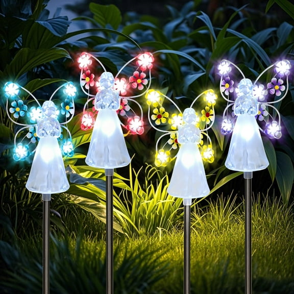 Rirool Solar Angel Stake Lights - 4 Pack Multicolor LED Garden Decor, Cemetery Memorial Lights for Graves - Waterproof Outdoor Solar Lights for Yard, Pathway