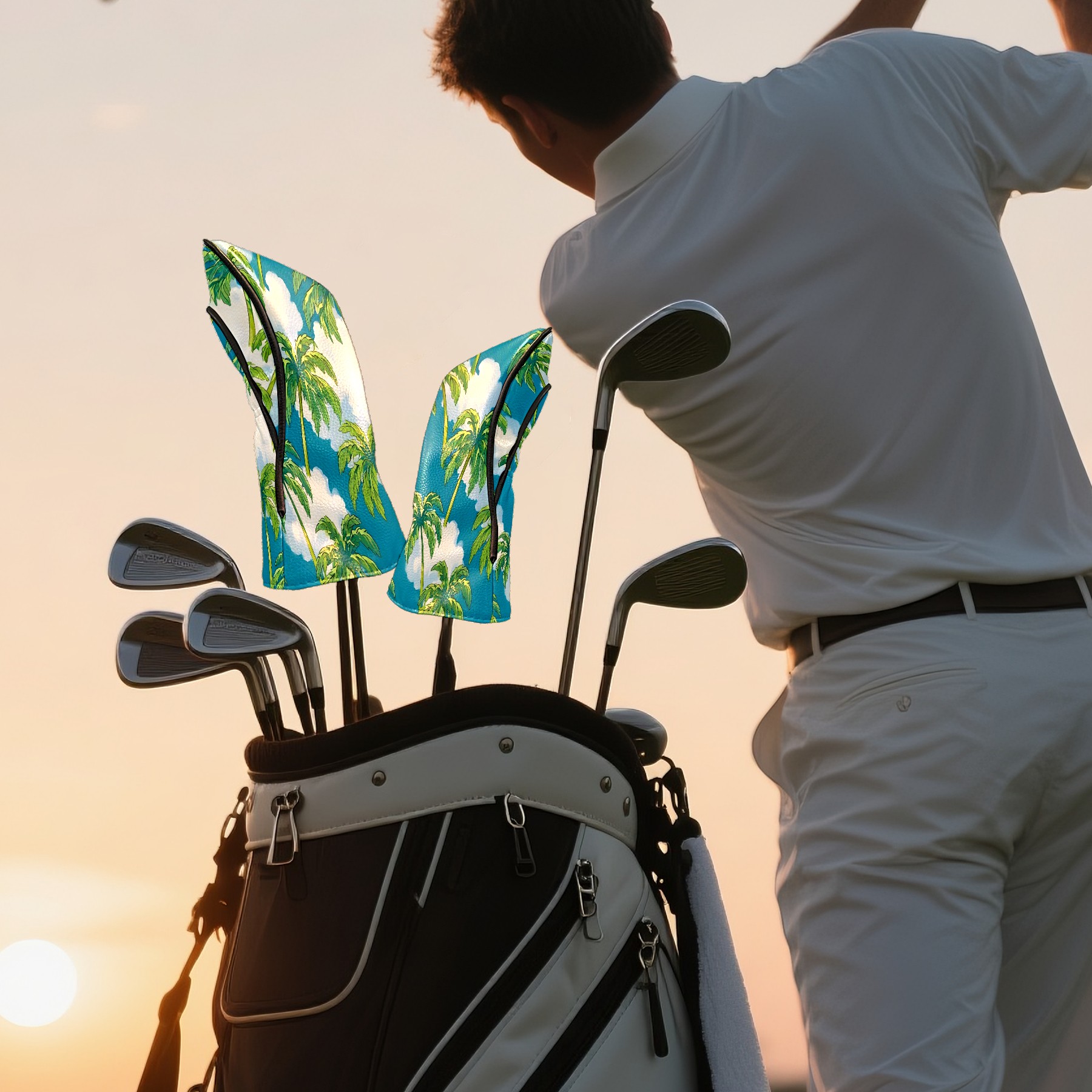 Golf Club Covers, Palm Tree Blue Premium PU Leather Driver Hybrid Putter Head Covers with Velvet Lining, Waterproof Golf Gifts for Men Women