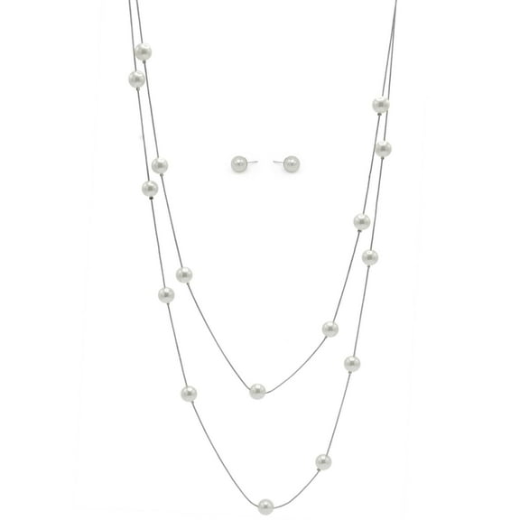 Tazza-Silver And Cream Pearl Two Row Layer Necklace And Earrings Set