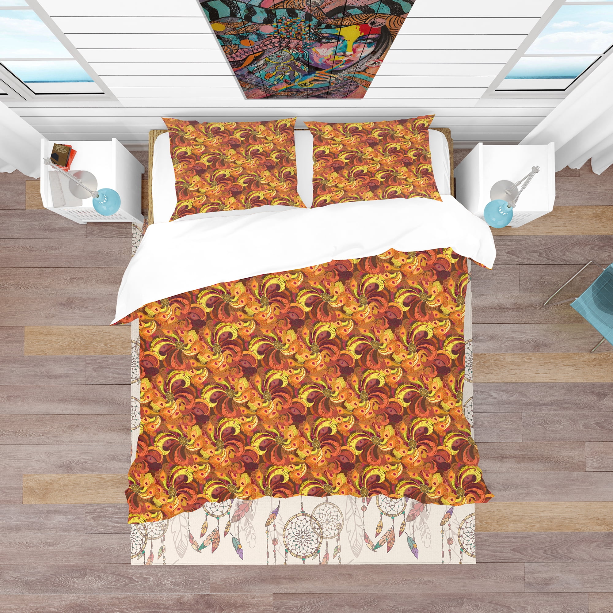 Designart 'Beautiful Golden Orange & Red Peacock Feathers' Bohemian & Eclectic Duvet Cover Set
