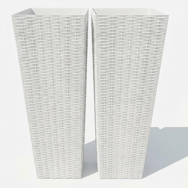 White Tall Planter Boxes – Set of 2 Modern All-Weather Rectangular Flower Pots – 24" & 32", Removable Liners & Drainage Holes – for Indoor/Outdoor, Porch, Patio, Backyard & Garden 2 high