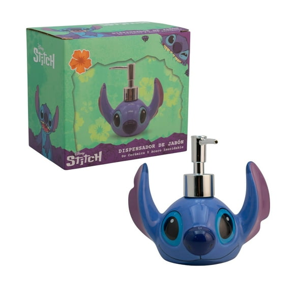 Dispensador de Cerámica para Jabón Líquido Recargable, Colección Disney Clásicos, Cabeza Stitch 3D, Capacidad 200 Ml con Caja Regalo