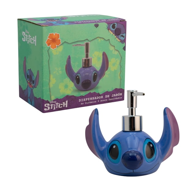 Dispensador de Cerámica para Jabón Líquido Recargable, Colección Disney Clásicos, Cabeza Stitch 3D, Capacidad 200 Ml con Caja Regalo