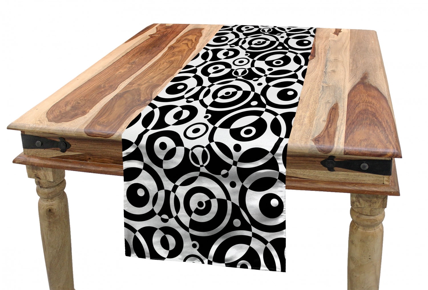 Black and White Table Runner, Circular Pattern Monochrome Dots with