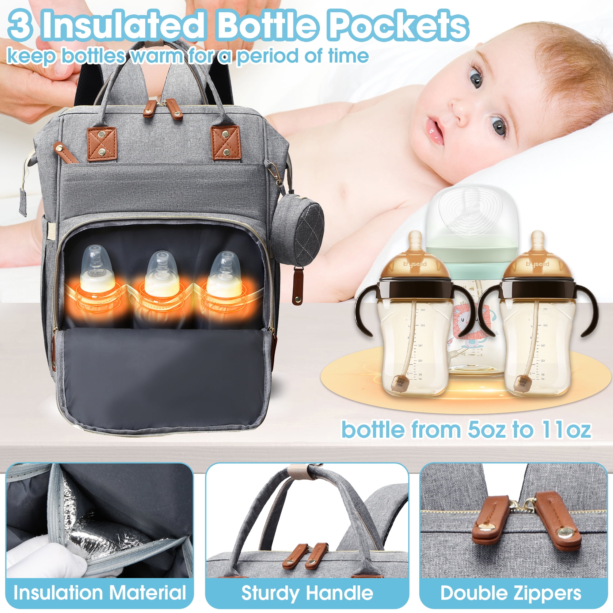 Posrue Diaper Bag Backpack, Portable Baby Bag Include Insulated Pocket, 3 In 1 Multi-Functional Travel Baby Diaper Bag with Diapers Changing Pad for Boys and Girls