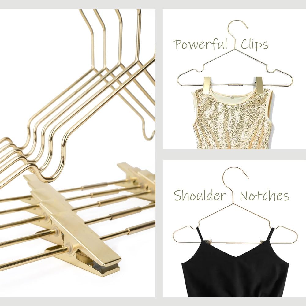 Baby Clothes Hangers 12.6" Gold Metal Skirt Hanger with 2 Adjustable Clips Closet Storage Heavy Duty Rack Kids Shirts, Pants Coats Display Space Saving Solution for Wardrobe 25 Pack