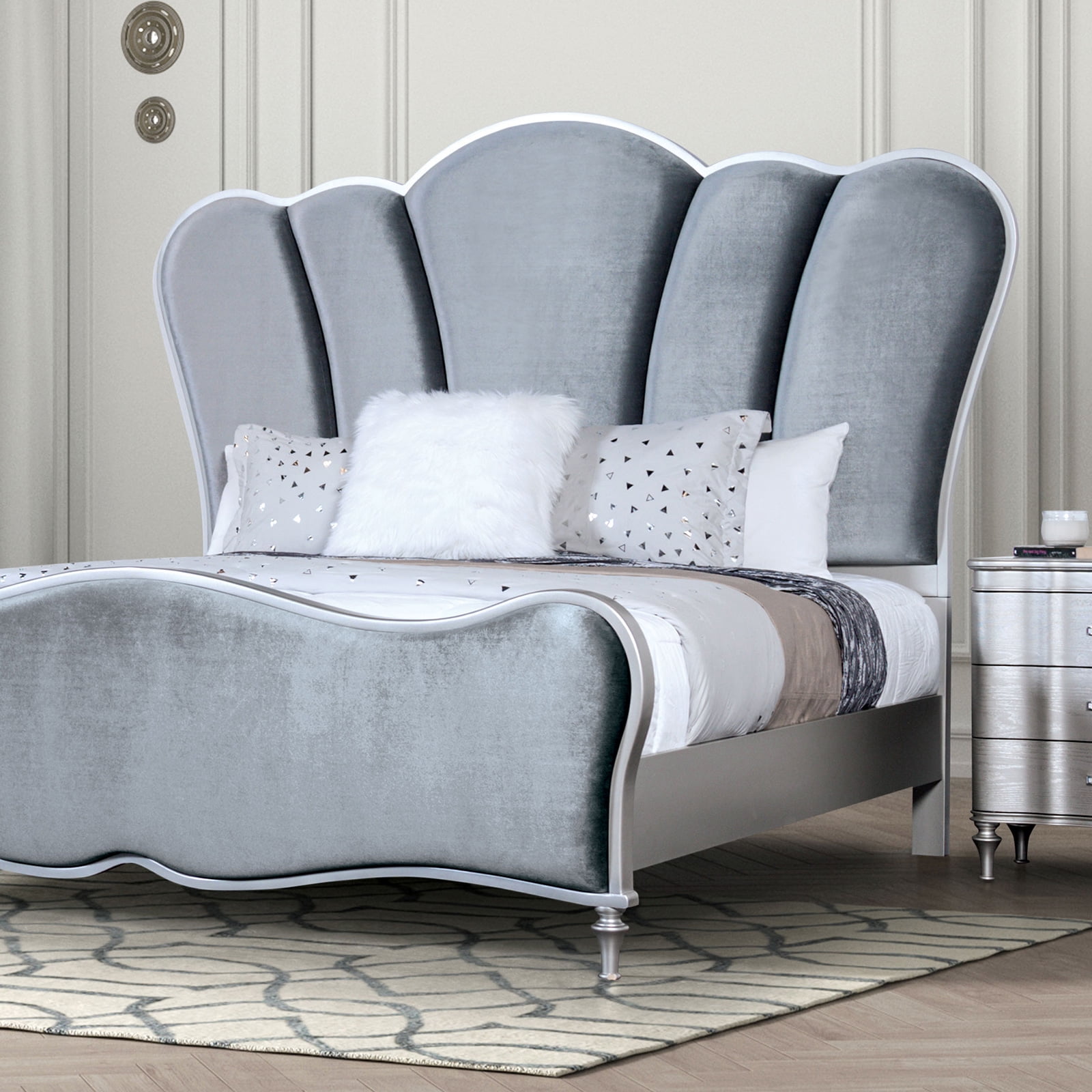 Mobilya Eastern King Bed Frame with Padded Channel Headboard - Glam Silver Fabric & Solid Wood - Box Spring Required