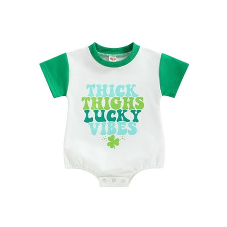 

hirigin Baby Girls Boys Summer Casual Romper Short Sleeve Letter/Clover/Rainbow Print Playsuit