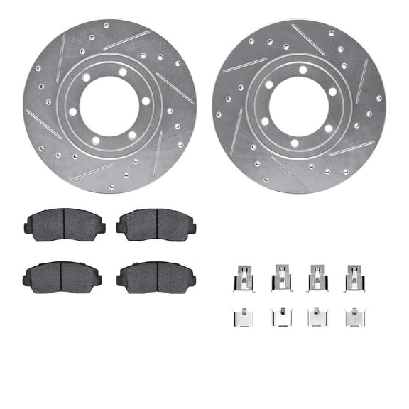 Dynamic Friction Company Front Brake Rotors-Drilled and Slotted-Silver with 5000 Advanced Brake Pads includes Hardware 7512-80256