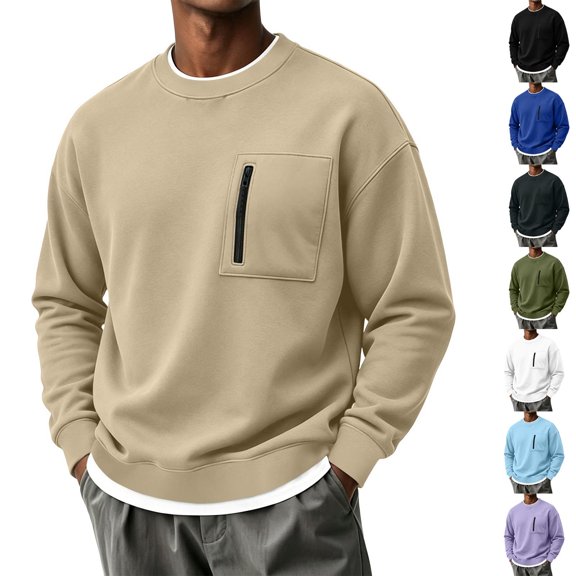 Men's Crewneck Sweatshirt Pullover Casual Loose Fit Sport Tops Midweight Long Sleeve Basic Sweatshirts with Zipper Chest Pocket