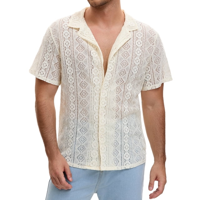 Camisa de Malla INSPIRE CHIC para Hombre con Cuello Camp, de Manga Corta, Botones, Camiseta Transparente XL Beige