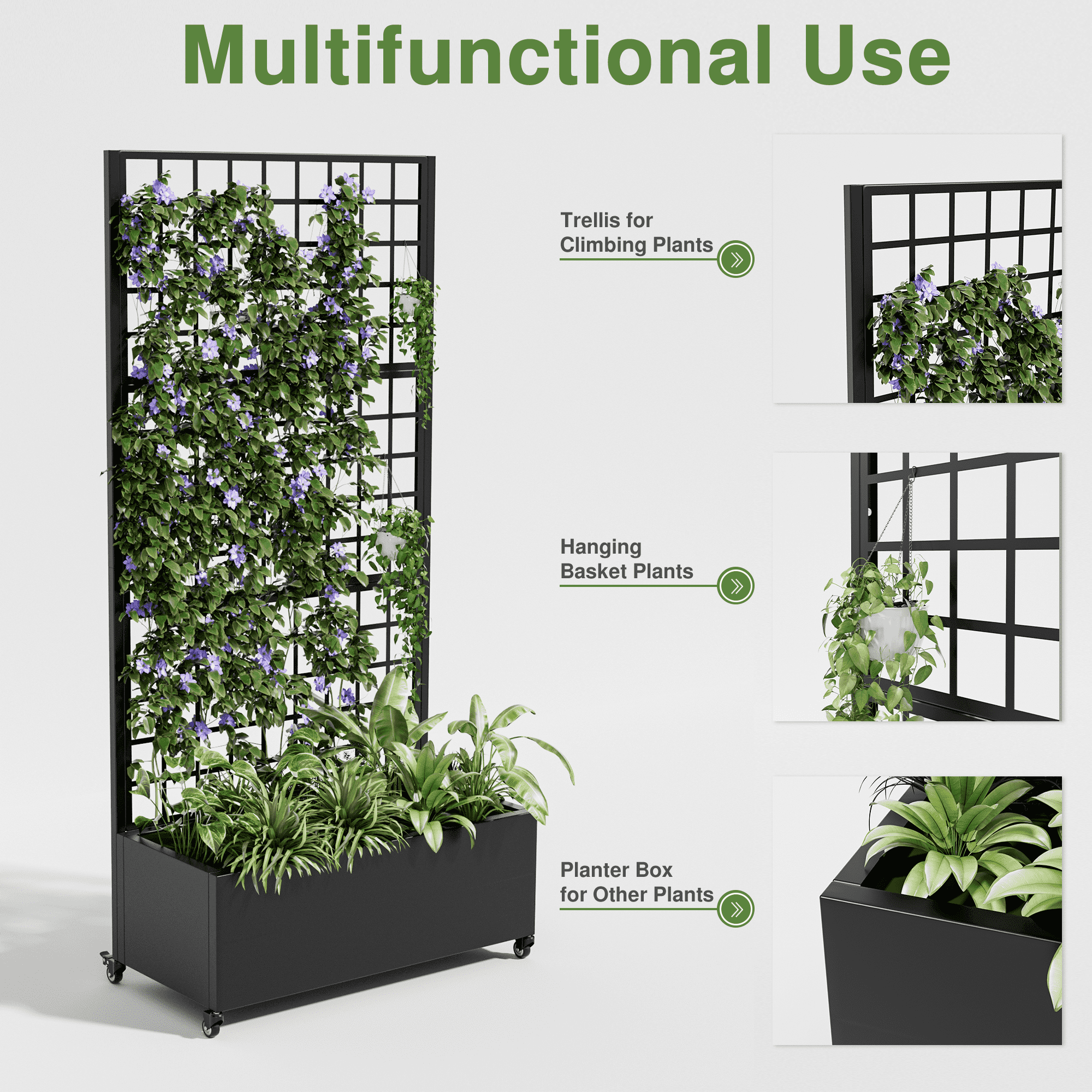 MAYEERTY 35*16*71"Outdoor Black Metal Planter with Rect Climbing Trellis, Drainage hole & Wheels, Grid Pattern