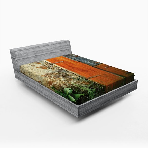 Ambesonne Rustic Fitted Sheet, Old French Wooden Door, Queen Size, Orange Green