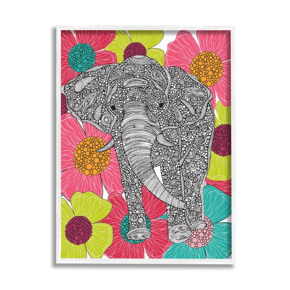 Stupell Industries Bold Modern Elephant Flower Blossoms Intricate Patterns Graphic Art White Framed Art Print Wall Art, Design by Valentina Harper