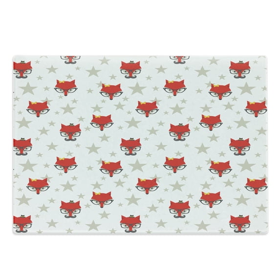 Cartoon Cutting Board, Hipster Foxes with Hats Glasses on Stars Background Funny Animal, Decorative Tempered Glass Cutting and Serving Board, Large Size, Coconut Scarlet and Grey, by Ambesonne