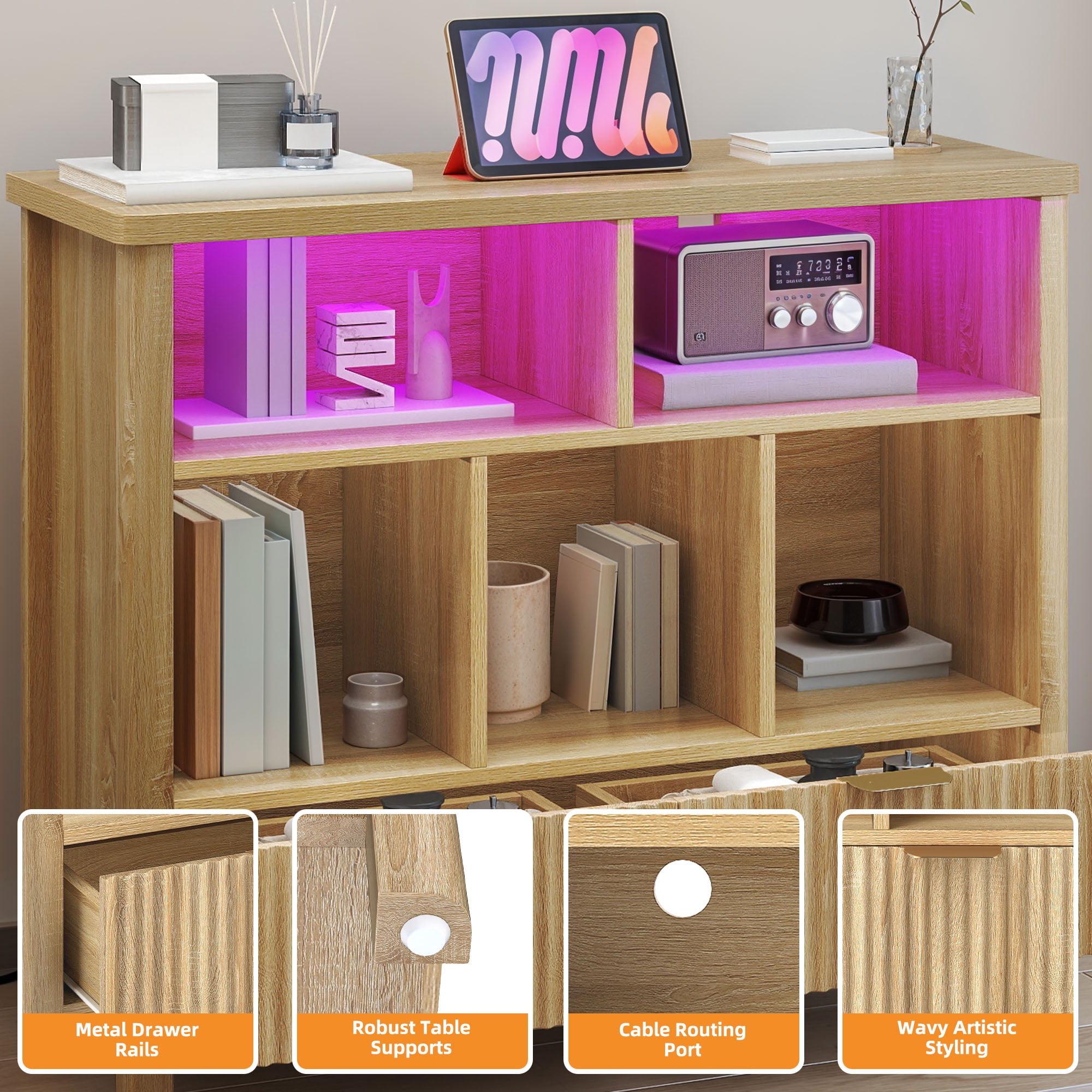 Craftian 5 Cube Bookcase with LED Light, Modern 3 Tier Bookshelf with Drawers for Home Office