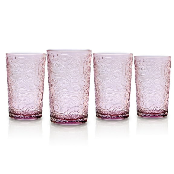 Godinger Highball Drinking Glasses, Tall Glass Cups Cocktail Glasses, Water Glasses, Romantic Design - Paisley Collection, Blush, Set of 4