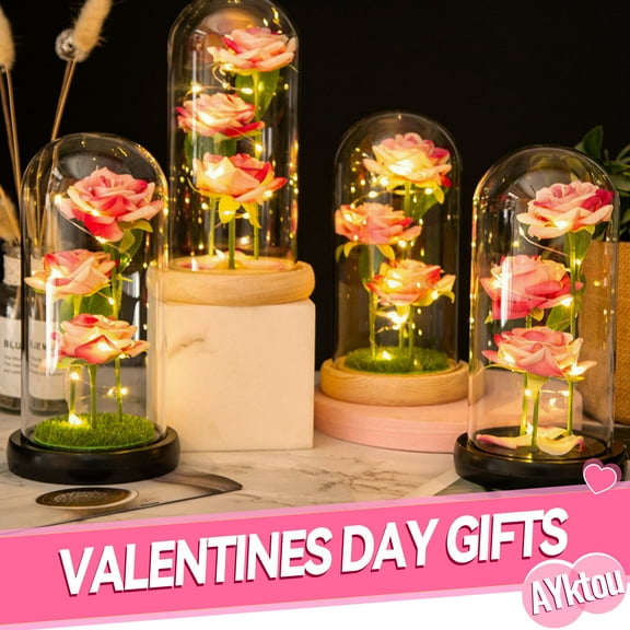 AYktou Roses Gifts Colorful Artificial Flowers Rose Light Gift in A Glass Dome,Flowers Gifts for Her on Anniversary Valentine's Day Mothers Day Girlfriend Birthday Gifts