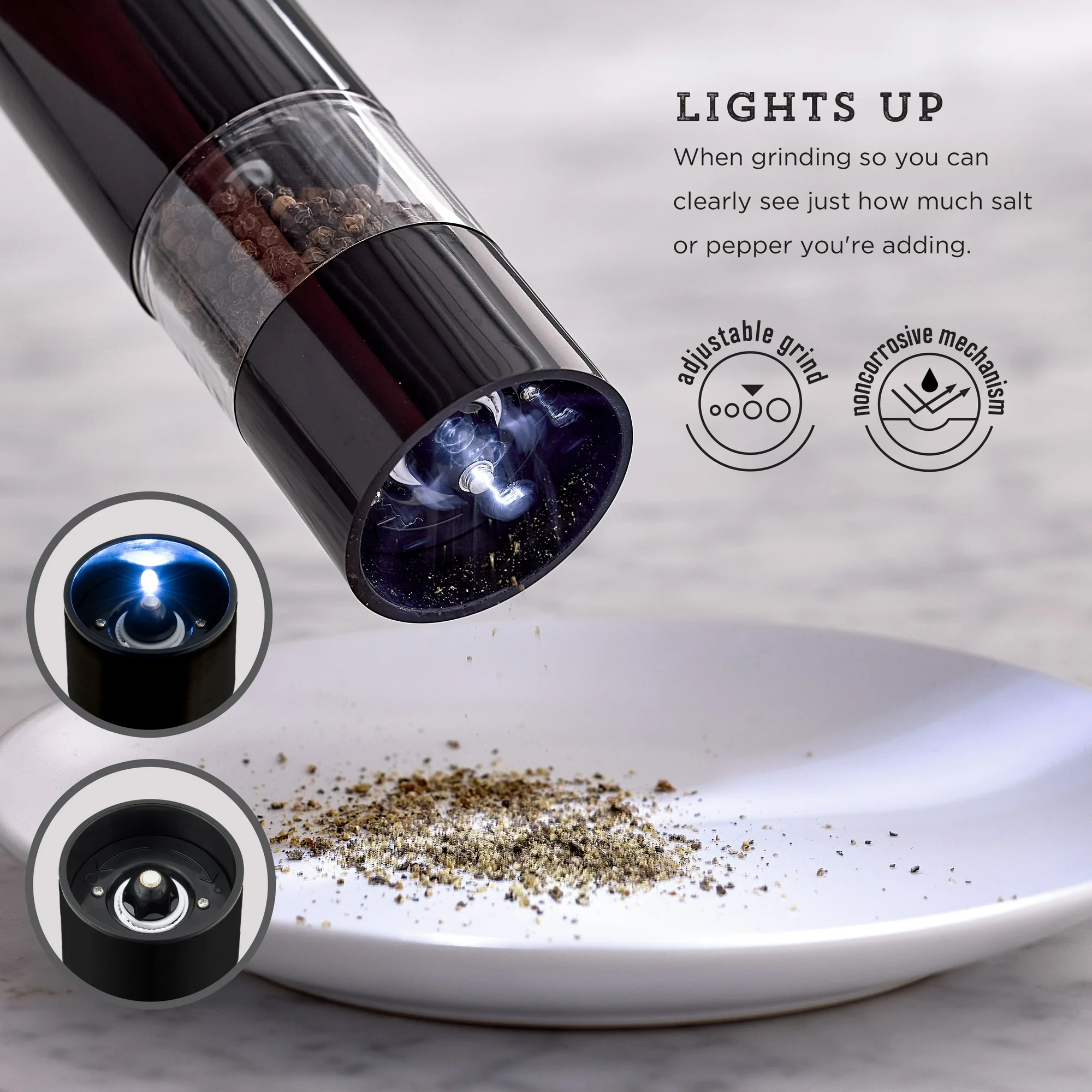 KAMENSTEIN 8-INCH BATTERY OPERATED PREFILLED SALT & PEPPER GRINDER SET, BLACK & WHITE