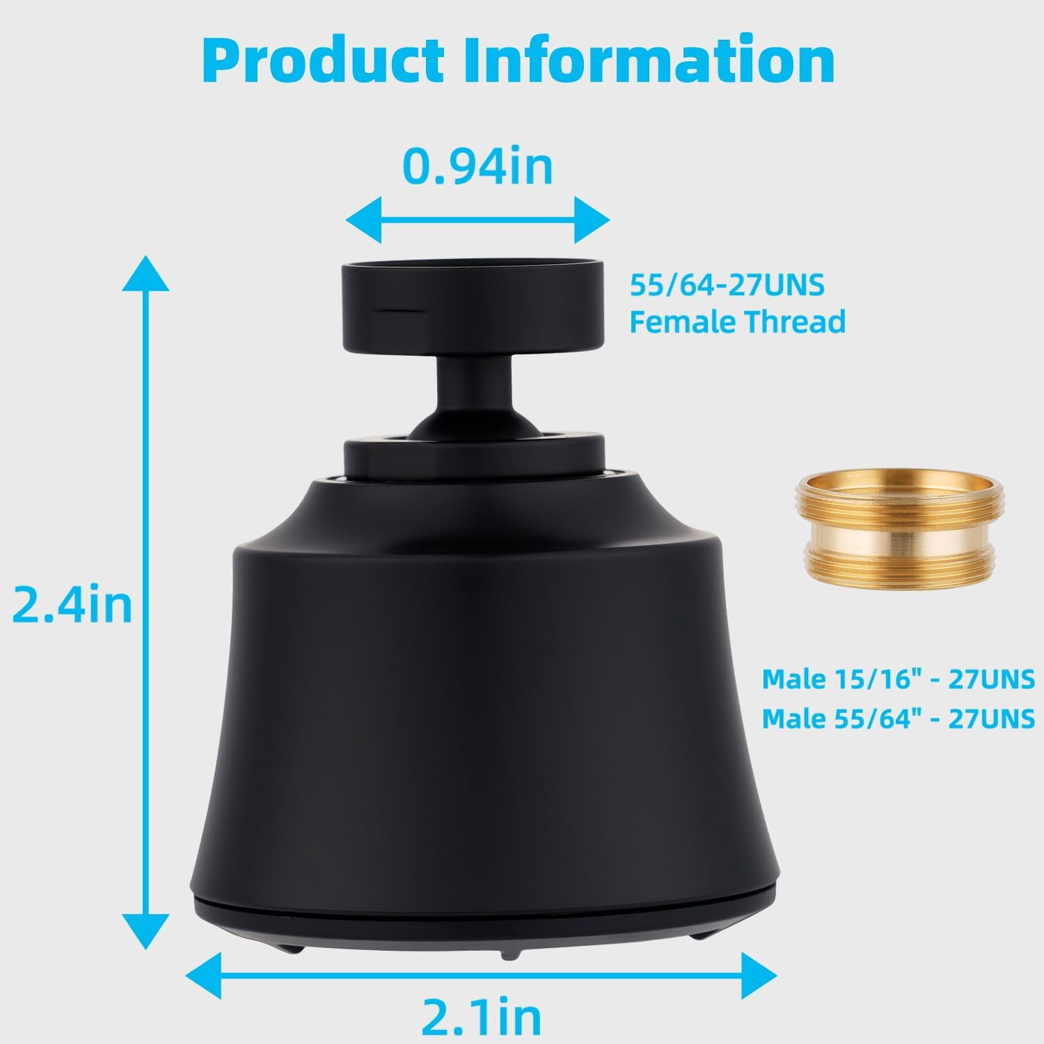 Kitchen Sink Faucet Head with Metal Ball Joint, 360° Swivel Faucet Sprayer Head, Big Angle Faucet Aerator Adapter 55/64-27UNS Female Thread, 4 Spray Modes, Extra Metal Adapters, Matte Black