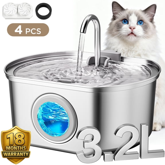 Neareal Stainless Steel Cat Water Fountain - 108 oz/3.2L Automatic Pet Drinking Fountain with Water Level Window & 4 Replacement Filters, Silver