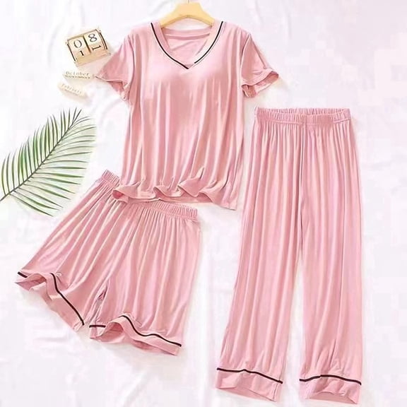 Elvqul Womens Pajamas 3PC Pink Sleepwear Tops and Shorts and Pants Pajamas Set
