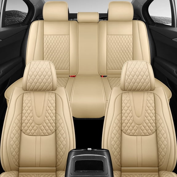 for Jeep Cherokee 2021 Car Seat Cover, Faux Leather 5 Piece Full Set Waterproof Beautify Interior, Beige Car Seat Covers, Airbag-Compatible
