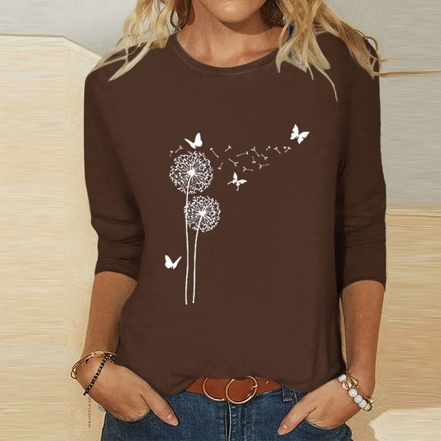DPTALR T-shirt Imprimé pour Femmes Blouse à Manches 3/4 Col Rond Hauts Décontractés