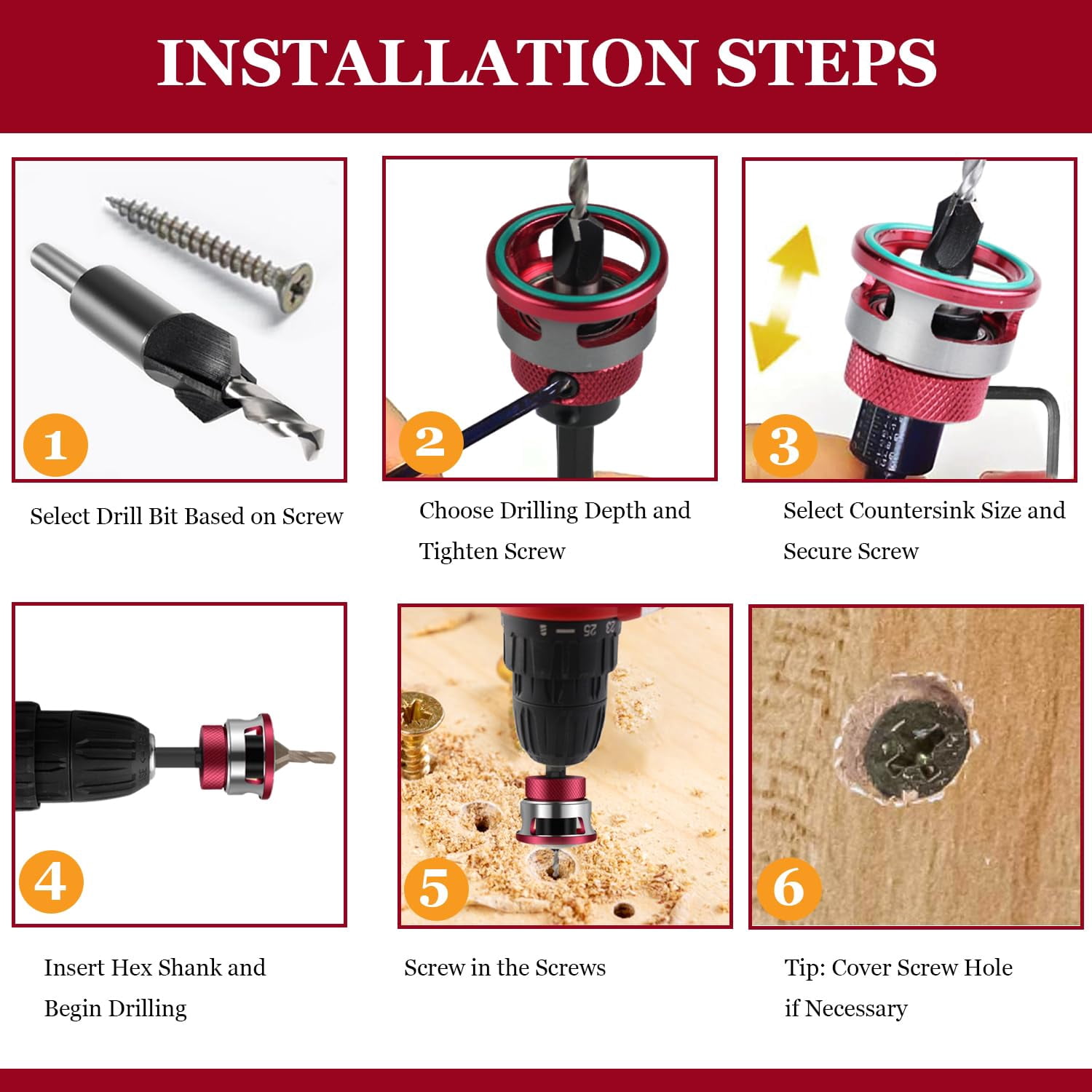 Countersink Drill Bit Set with Depth Stop, 1/4" Quick Change Hex Shank, Aluminum Alloy Stop Collar, HSS M2 Bits Head & Hex Wrench, Counter Sink Drill Bit for Wood for Wood, Plastic, Woodworking,A