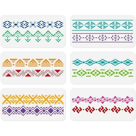 6Pcs Aztec Border Wall Stencil Templates 11.8 x 5.9 Inch Reusable Plastic Stencils for Painting on Wood Wall Floor Tile Fabric Glass DIY Home Decor White