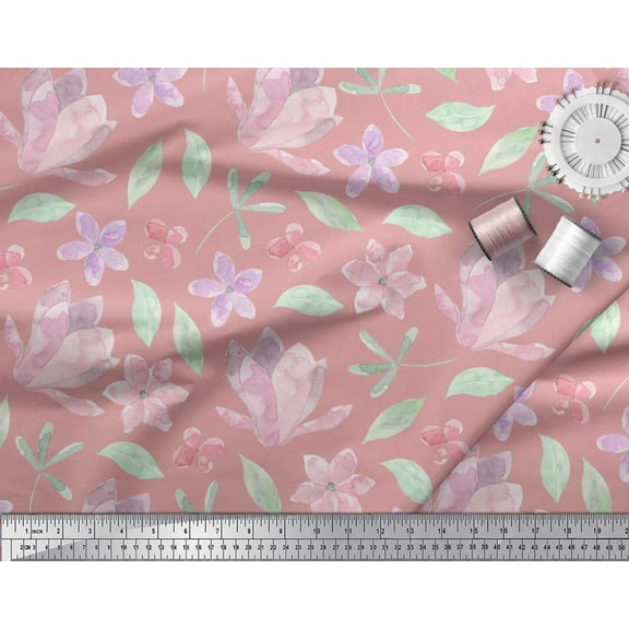 Soimoi Pink Cotton Duck Fabric Leaves & Periwinkle Floral Print Sewing Fabric Yard 42 Inch Wide