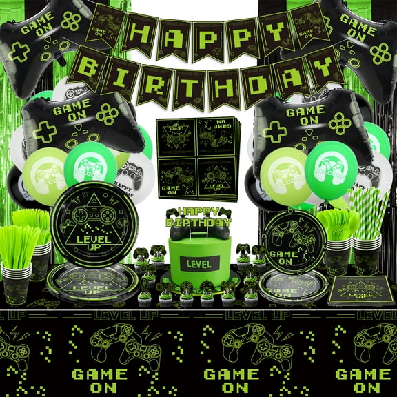 Video Game Party Decorations - Including Game On Plates, Level Up Napkins, Cups, Birthday Banner, Balloons, Fringe Curtain for Boys Level up Game On Birthday Party Supplies