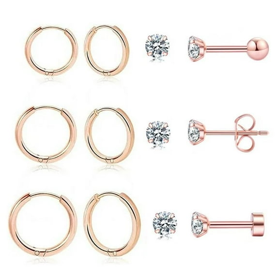 Nmkwnr 6 Pairs Mini Stud Earrings 316L Stainless Steel Earrings Lightweight Hoop Earrings Set for Women Men, Rose Gold