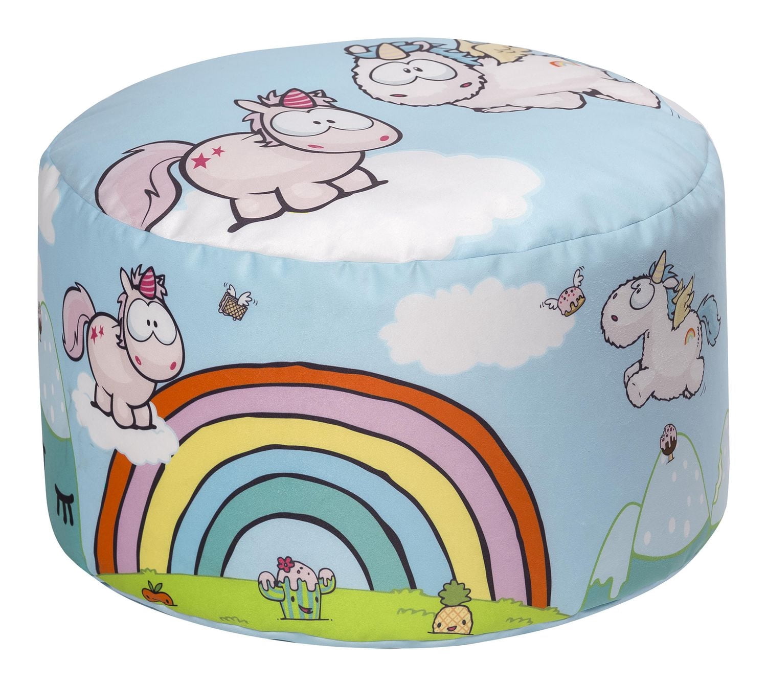 Gouchee Home Dotcom Theodor Kids’ Bean Bag Ottoman – Colorful Round Pouf with Unicorn & Rainbow Print – Soft Microfiber Shell, Polystyrene Bead Filling