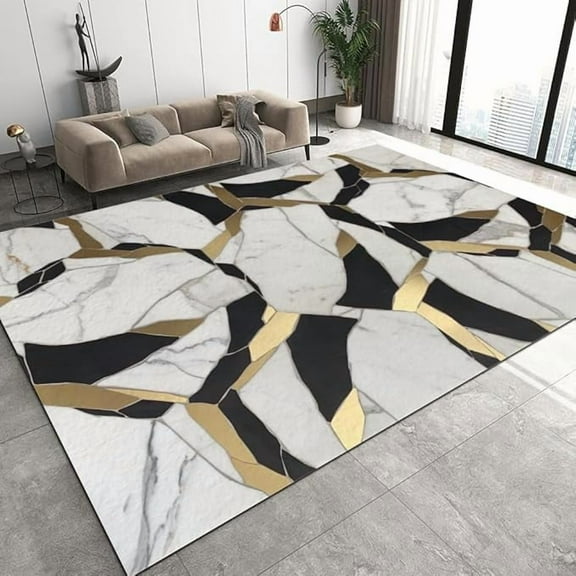 White Black Gold Pattern Area Rugs, Marble Luxury Floor Carpet For Bedroom, Non Slip Washable Office Rug For Living Room Dining Room And Office 5' x 7'