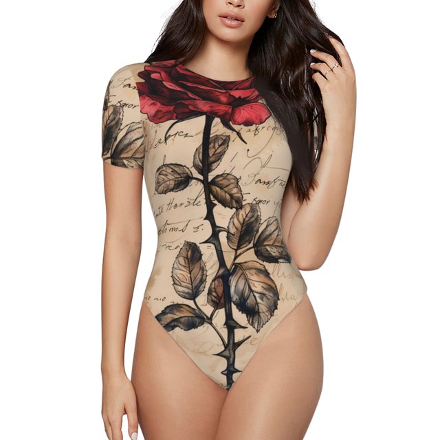 Lsque Vintage Rose Art Botanique Justaucorps à Col Rond Manches Courtes Basique T-Shirts Hauts Grenouillère Adulte Mignon Pyjama-Petit