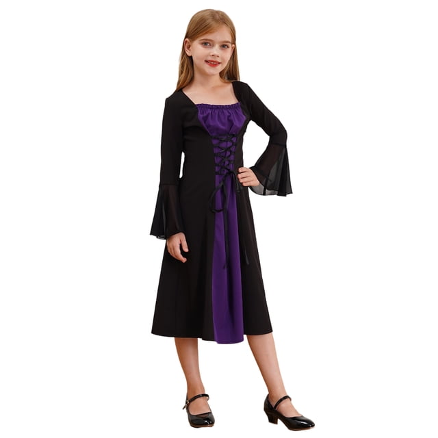 Raenseen Robe Princesse Médiévale pour Filles Robe Rétro Gothique pour Enfants Robe de Soirée Robe de Fête Robe Maxi à Manches Longues Violet 12