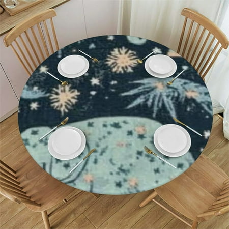 

Sheronv Elephant Stars Snowflakes Round Tablecloth with Elastic Edge for Indoor and Outdoor Dining Wedding Party - Stain-Resistant and Washable 100% Polyester Fiber 38 -42