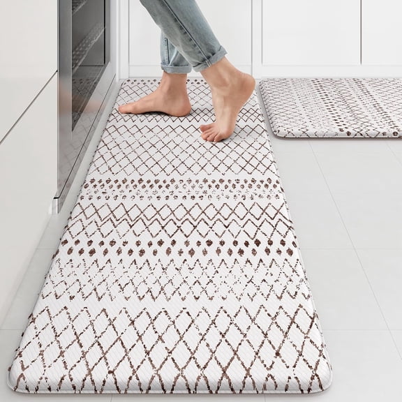 Kitchen Mats 2PCS,Cushioned Anti Fatigue Boho Kitchen Rugs and Mats,Non Slip Waterproof Kitchen Mats for Floor,Comfort Foam Standing Desk Mat for Home,Office,Sink,Laundry,Brown and White