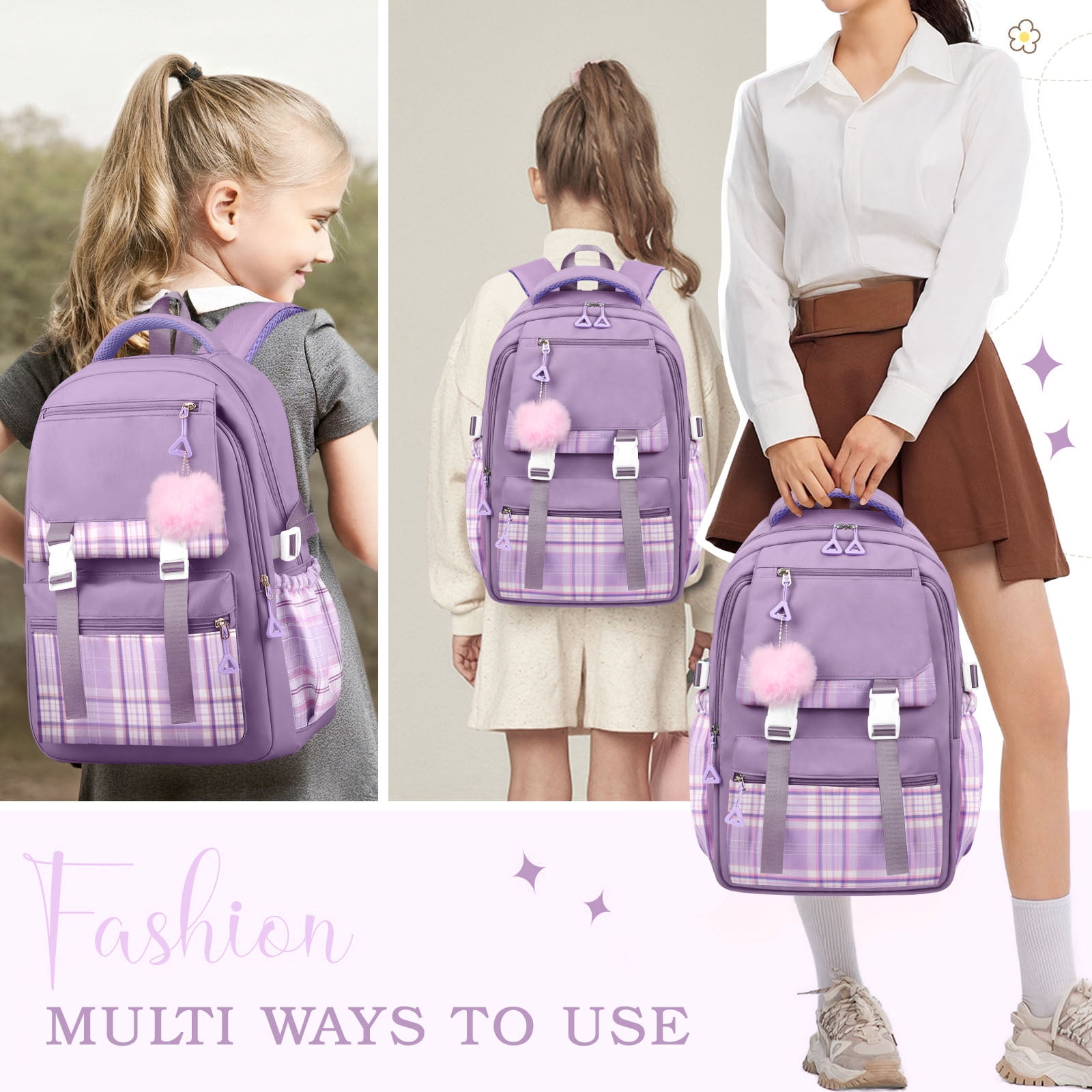 DAKIMOE Purple School Backpack for School, Travel, Work, Large Capacity Waterproof Bookbag with 7 Compartments and Luggage Belt