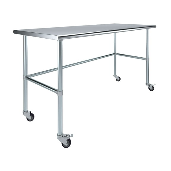 AmGood 72" Long x 30" Deep Stainless Steel Work Table With Open Base and Wheels | Mobile Metal Table