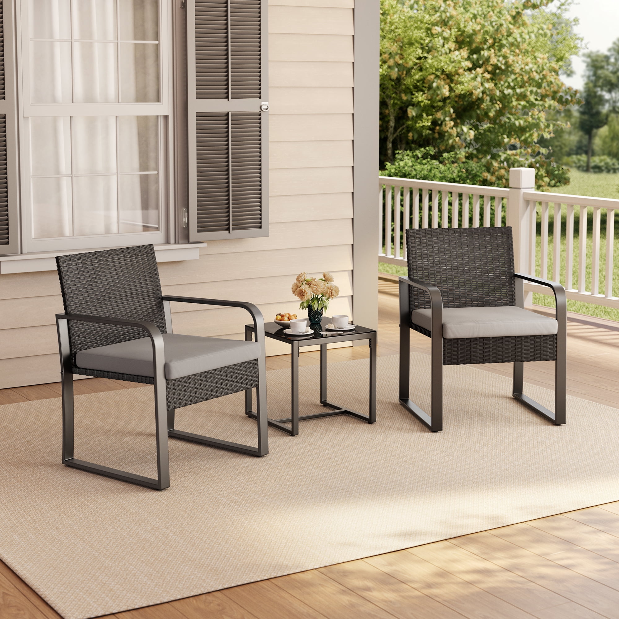 Small Patio Furniture Set, Lofka 3 Pieces Patio Set, All-weather Wicker Chairs and Glass Coffee Table with Grey Cushions, Gray