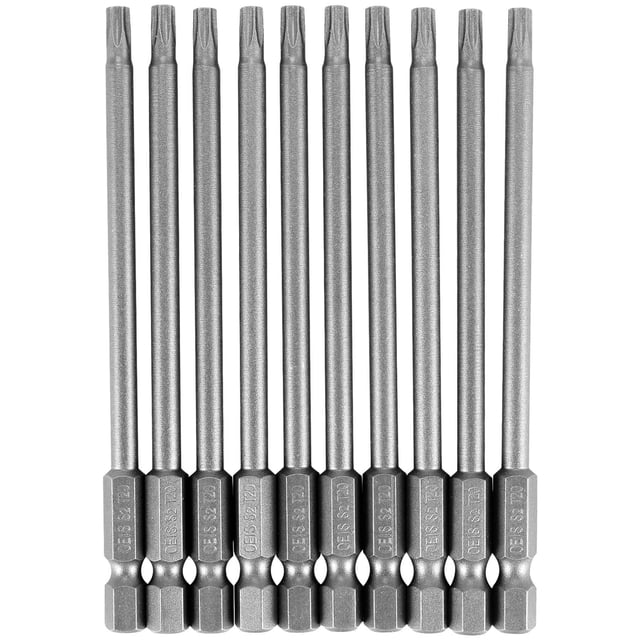 Paquete de 10 puntas de destornillador Torx T20 de 100 mm de longitud y vástago hexagonal de 1/4", color gris plateado.