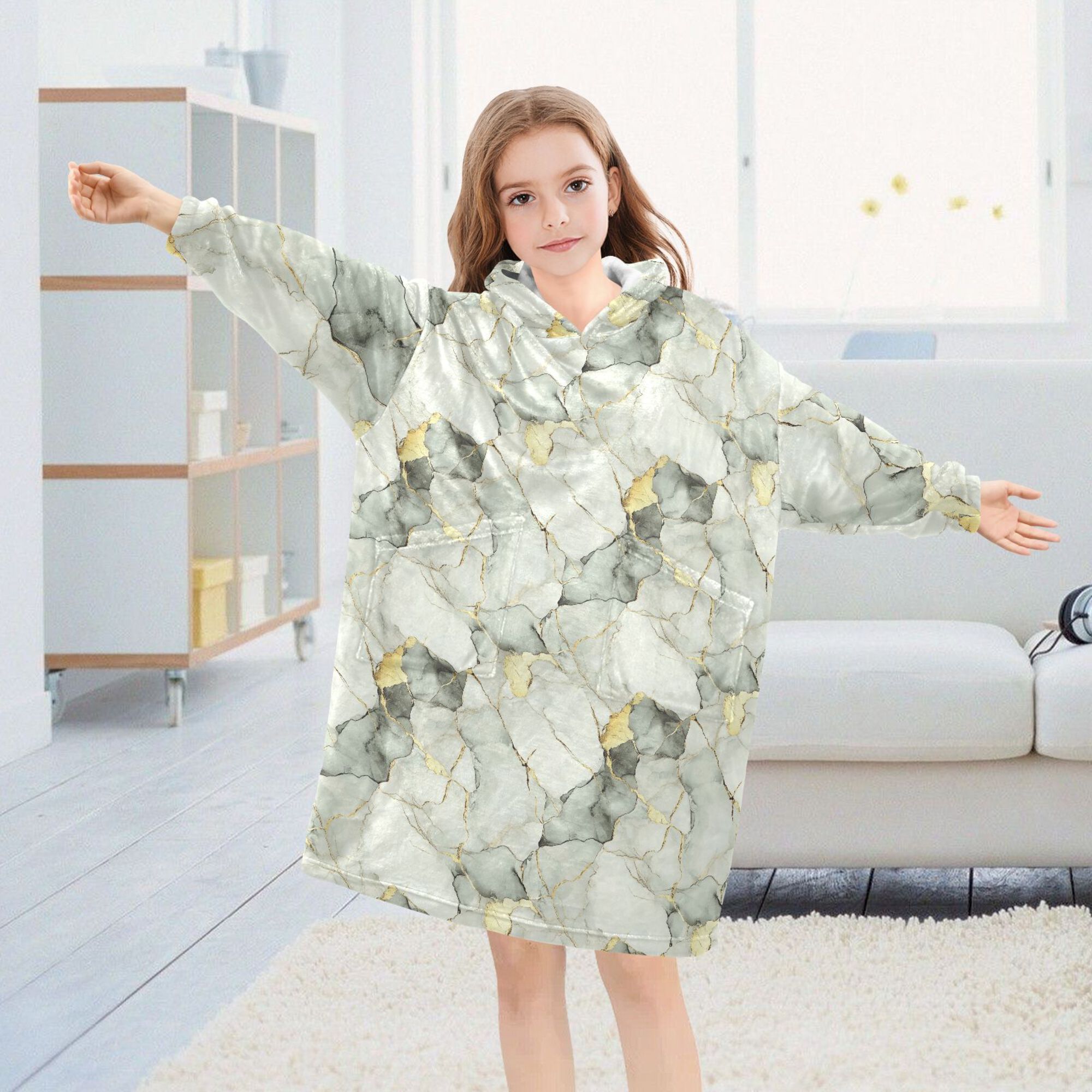 FORMRS Wearable Blanket Hoodie with Sleeves for Kids Cozy Flannel Sweatshirt, Gray Marble Pattern