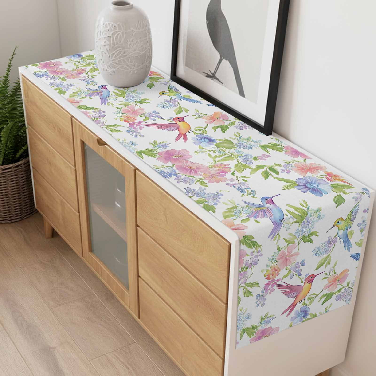 Spring Hummingbird Cotton Linen Table Runner Colorful Birds Dining Table Runners for Home Decor Party Dining Room Restaurant Kitchen 13" x 120"