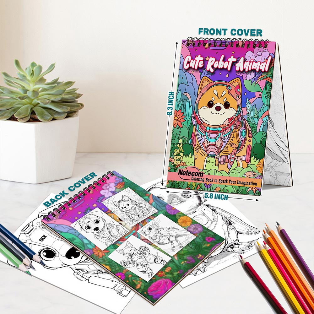 Netecom Cute Robot Animal Coloring Book for Adults, A5 Wooden Cover, Spiral Bound Edition, 30 Adorable Coloring Pages of Robot Animals for Stress Relief and Relaxation