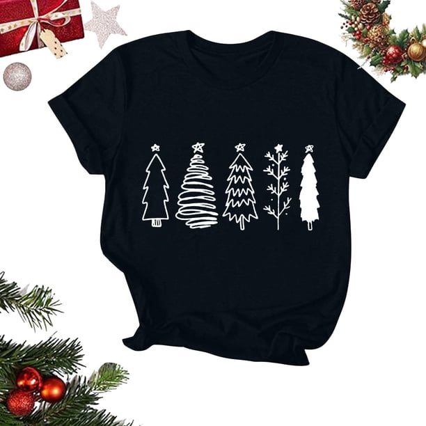 Fiudx Tops para Mujer Camiseta de Manga Corta con Cuello Redondo y Estampado Navideño para Mujer