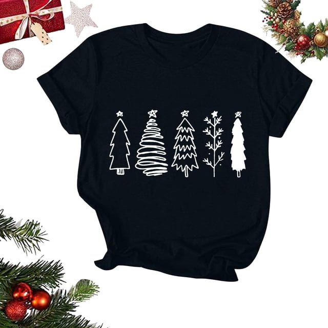 Puntoco Camiseta de manga corta con cuello redondo y estampado navideño para mujer Camiseta de manga corta con cuello redondo
