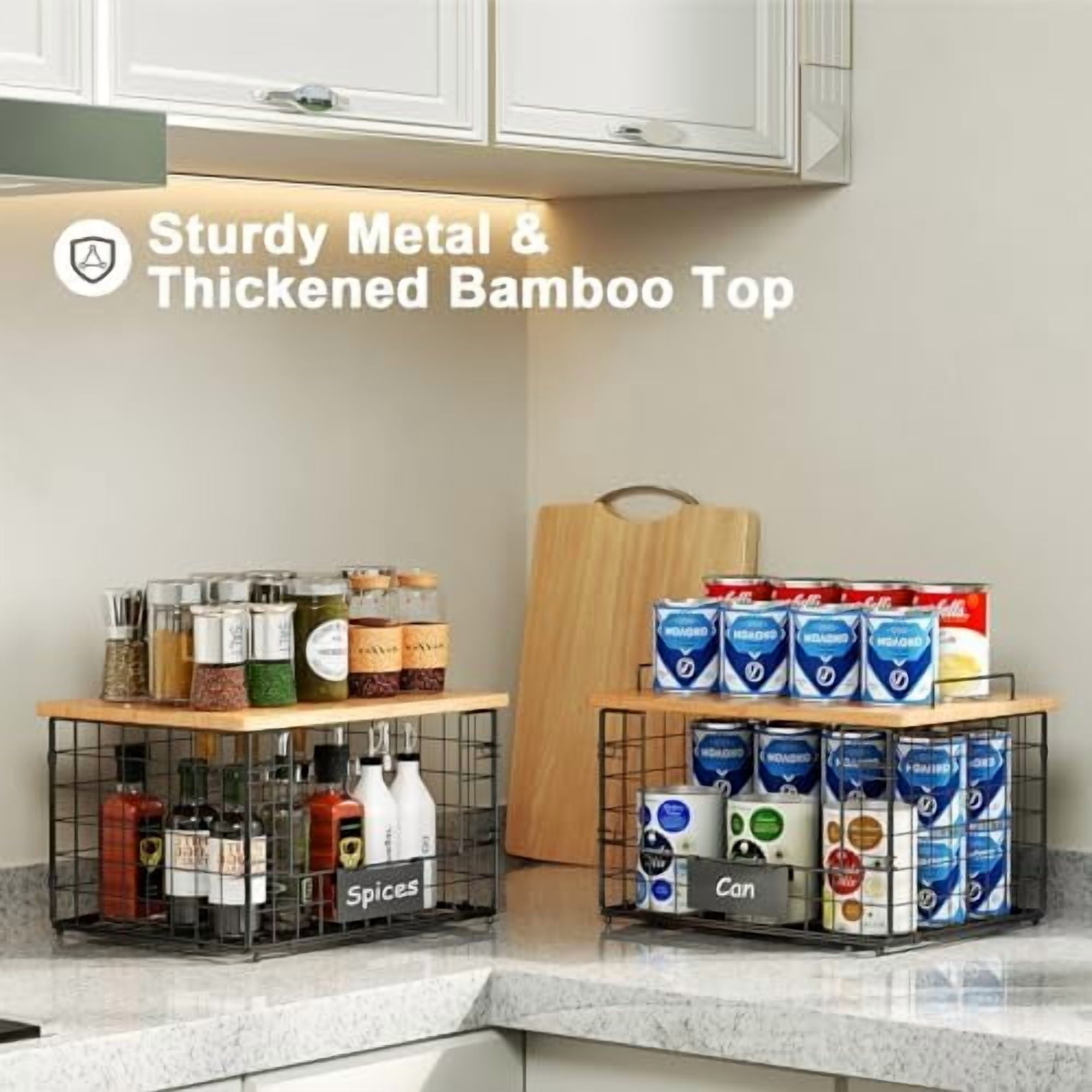 2 Pack Stackable Wire Baskets with Bamboo Top for Pantry Organizers and Storage, XXL Kitchen Organization Counter Basket for Fruit, Vegetable, Produce, Bread, Potato and Onion Storage Bins